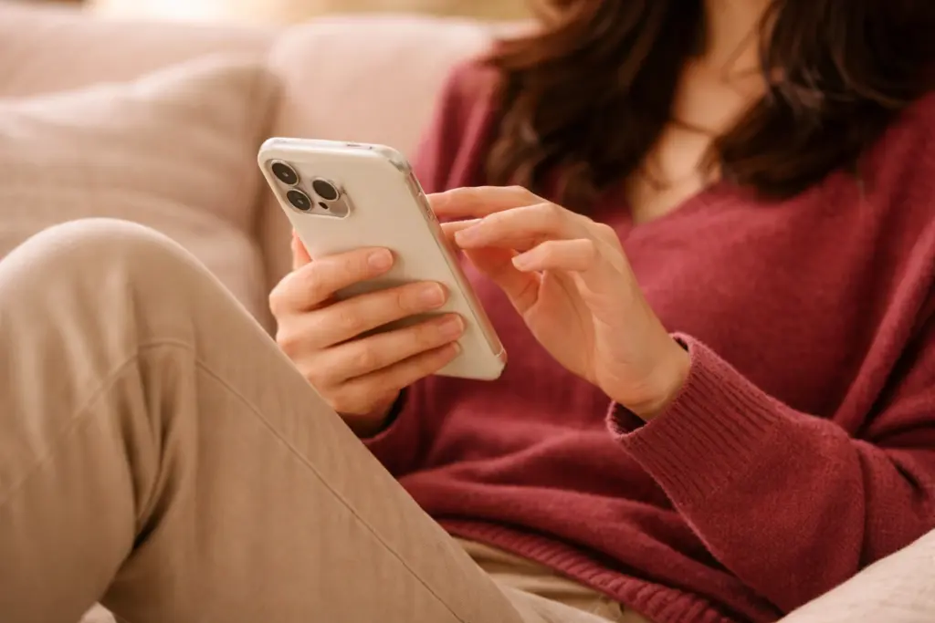 Frau die am Sofa sitzt und auf ihrem Handy scrollt