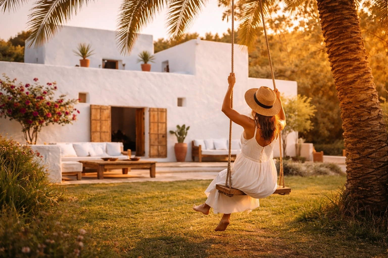 Frau Schaukelt im Garten vor dem Casa del Alma - Symbolbild für Immer mehr Lebensfreude