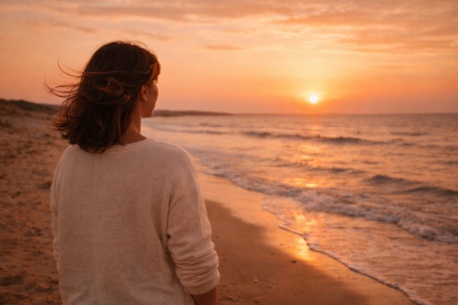 Frau die aus Meer blickt bei Sonnenuntergang