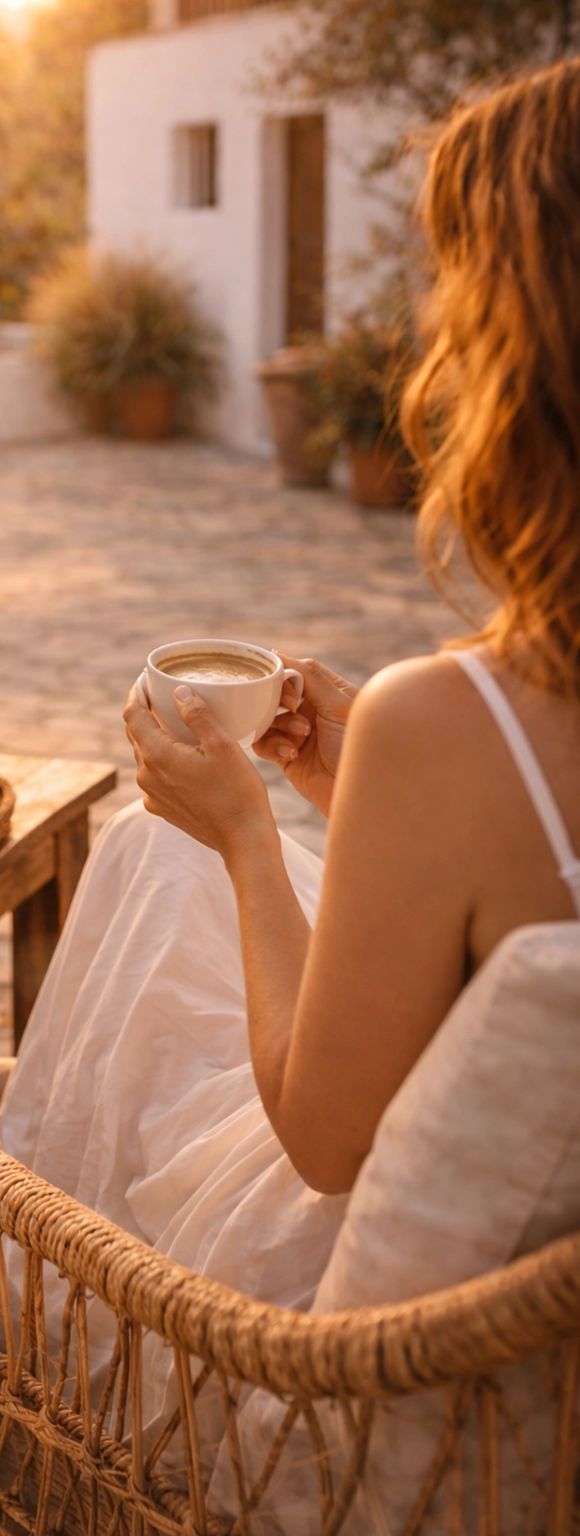 Frau die im Garten mit einer Tasse Kaffee sitzt