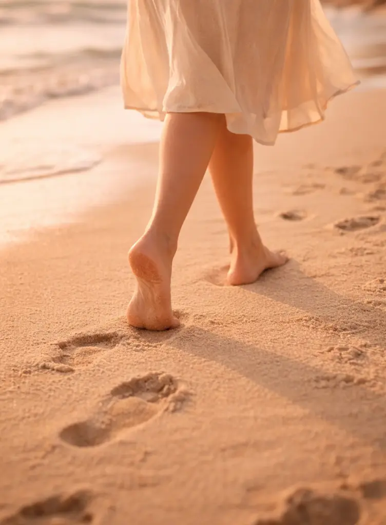 Frauenfüße die am Strand spazieren