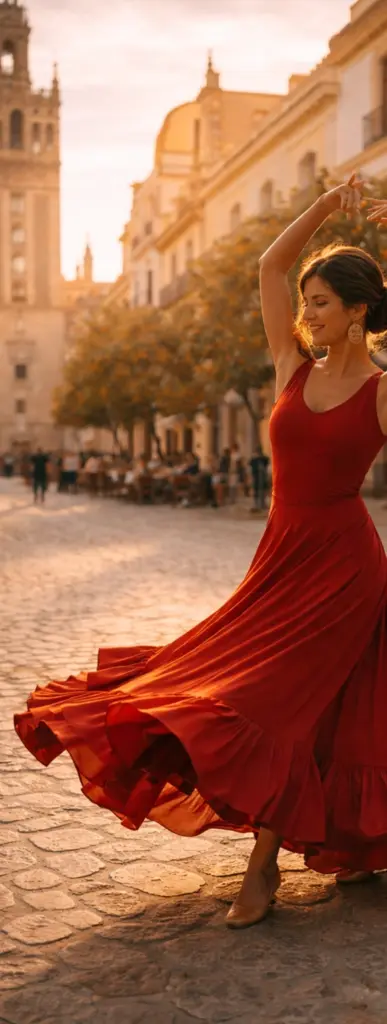 Frau tanzt auf der Plaza im roten Kleid